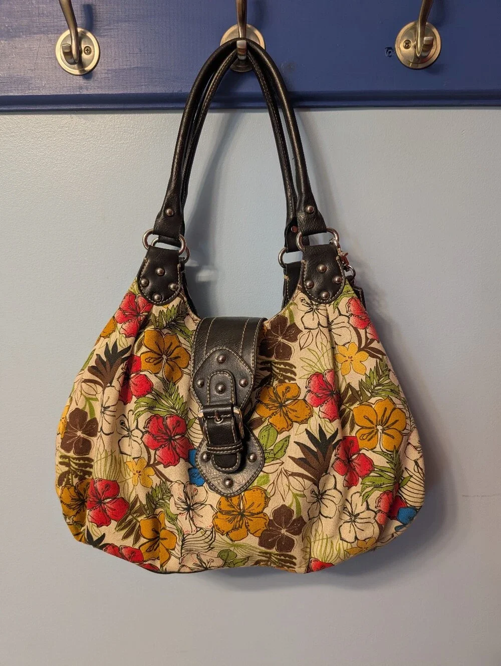 St John's Bay Floral Canvas Shoulder Bag with Brown Trim